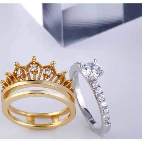 2Pcs Crown Ring for Women Round Cut Wedding Ring Sets Gold Plated Cubic Zirconia Engagement Rings Band Fashion Jewelry