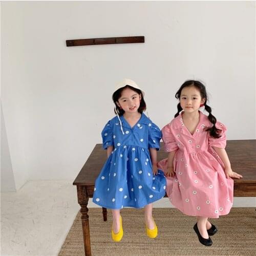 MILANCEL 2021Clothes Dress Dasiy Summer Dress Front Button Kids Clothing Puff Sleeve Korean Dress