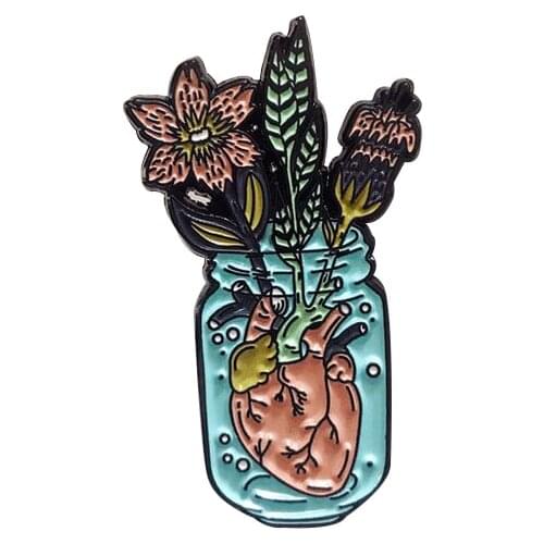 Anatomical heart enamel pin romantic heart and flowers brooch weird Goth art badge experiment accessory