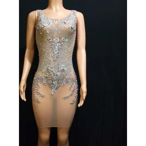 Sparkly Crystals Dress Birthday Celebrate Performance Costume Women Clothing Shiny Rhinestone Rave Party Singer Outfit DT1353