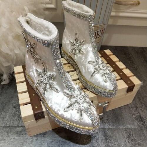 OLOMLB Womens Pointy Toe Velvet Leather Rhinestones Ankle Boots Crystal Sequins Sliver Hidden Heel DIY Lolita Sweet Shoes New