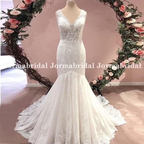 Designer Lace Mermaid Wedding Dress With Beading V-Neck Women Backless Bridal Dresses Custom Made Chapel Train Vestido De Noiva