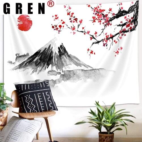 GREN Cherry Blossoms Mount Fuji Tapestry Wall Hanging Fabric Mural Background Cloth Wall Rugs Towel Beach Blanket home decor