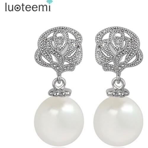 LUOTEEMI Romantic Rose Flower Simulated-Pearl Dangle Earring Women Luxury Noble Dinner Party Wedding Jewelry Wholesale