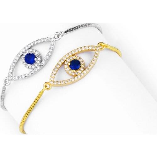 Fashion Classic Cute Jewelry Evil Blue Eyes Protection Full Cubic CZ Crystal Adjustable Pull Bracelet For Women Girl Best Gift