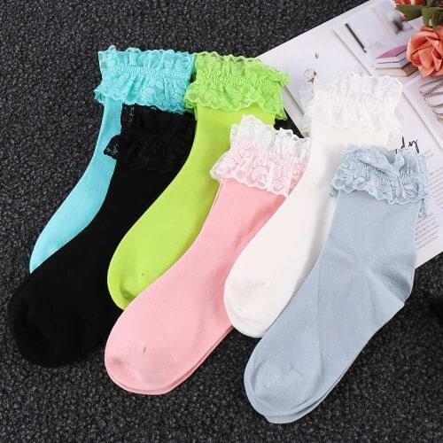 Fashion Women Vintage Lace Ruffle Frilly Ankle Socks Ladies Princess Girl Soild Color Cotton Socks 6 Color Available Harajuku