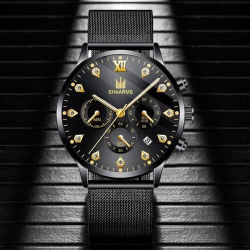 SHAARMS Mens Watches Luxury Fashion Mens Wristwatch Blue Dial Quartz Watch Stainless Steel Mesh Watch Date Clock Reloj Hombre