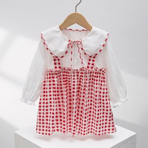 New Autumn 2021 Long Sleeve Kids Dresses For Girls Cotton Peter Pan Collar Plaid Ruffles Back To School Toddler Clothes
