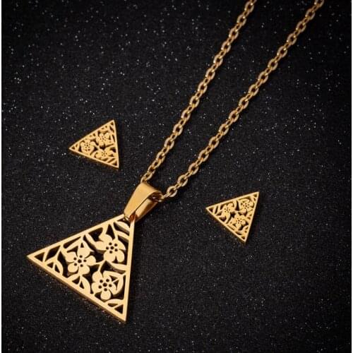 Oly2u Charm Triple Tiny Gold Flowers Branch Pendants Necklaces Simple Geometric Triangle Piercing Earrings Sets for Women Gift