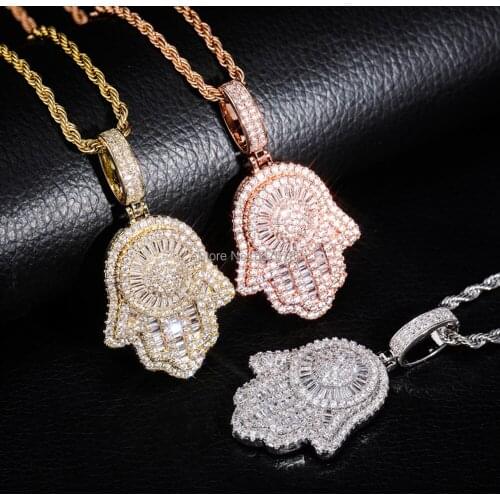 Hip hop Gold plated rose yellow gold color stone Fatima Hand Pendant Hamsa CZ Micro Pave Pendant, Hamsa Charm for Men