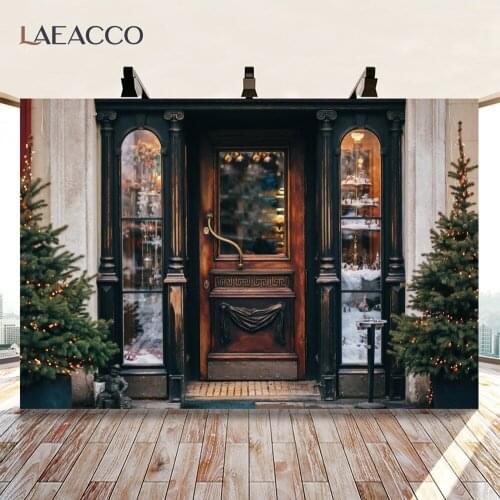 Laeacco Christmas Photography Backgrounds Grunge Shop Window Trees Interior Decor Photo Backgrounds Family Portrait Photocall