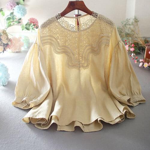 Cotton and linen shirt womens design sense niche summer loose casual all-match slimming lantern sleeve round neck blouse women