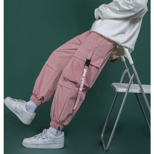Mens Side Pockets Cargo Harem Pants 2021 Ribbons Pink Hip Hop Casual Male Joggers Trousers Fashion Casual Streetwear Pants 5XL