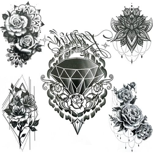 Geometric Rose Flower Temporary Tattoos For Women Girls Diamond Peony Henna Mehndi Tattoo Sticker Fake Jewelry Tatoo Hands Chest