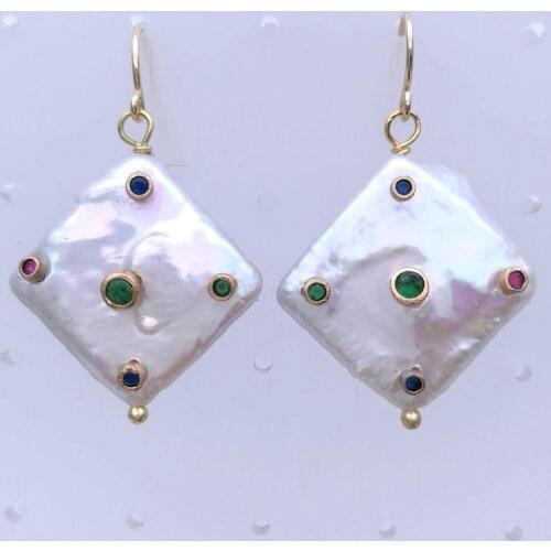 Big 4MM Cultured White Square Keshi Pearl Cubic Zirconia Rhinestone geometric Pave Hook Earrings for women