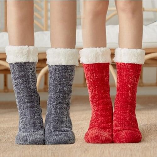 Women Winter Floor Socks Long Thicken Thermal Anti-slip Solid Color Snow Socks Ladies Home Warm Boots Floor Sleeping Ankle Sock
