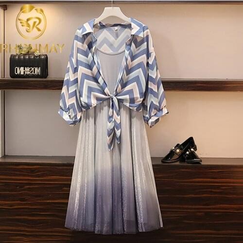 Fashion Summer Women Lantern Sleeve Turn Down Chiffon Shirt Top + Midi Contrast A Line Spaghetti Strap Dress New Two Pieces Sets