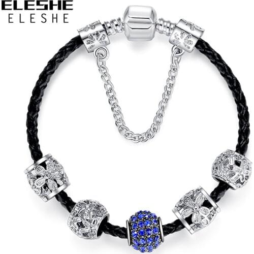 ELESHE Clearance Sale Black Leather Bracelet for Women Silver Color Crystal Beads Charm Bracelets Pulseras Female DIY Jewelry