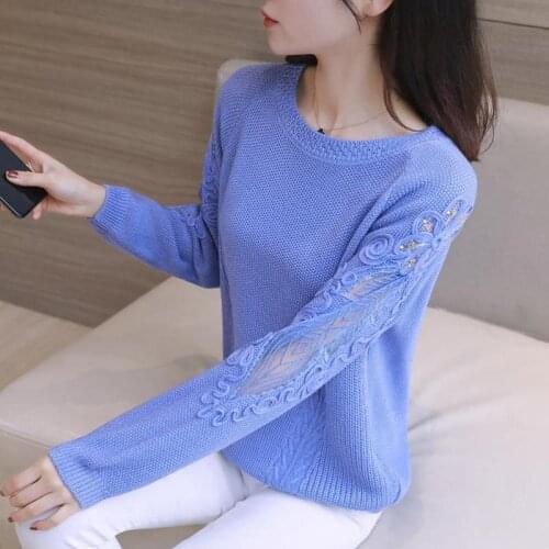 Zuolunouba Autumn Clothing Lady V-neck Blue Thin Pullovers Long Sleeve Hollow Embroidery Floral Harajuku Knit Sweater Women