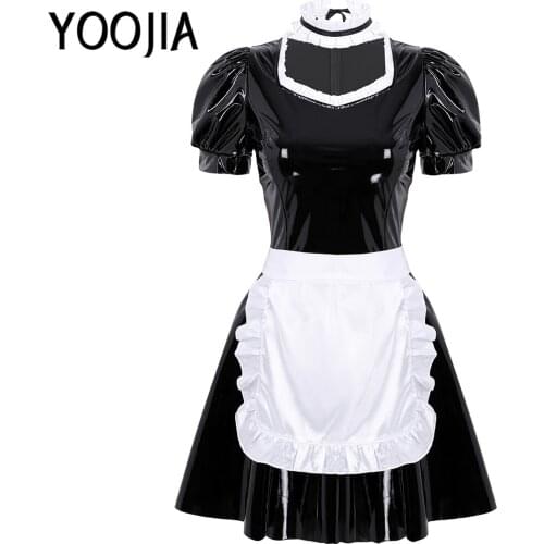 Womens Adult Wet Look Patent Leather French Maid Uniform Ruffled Puff Sleeve A-line Cosplay Costume Dress Sexy Parties Clubwear