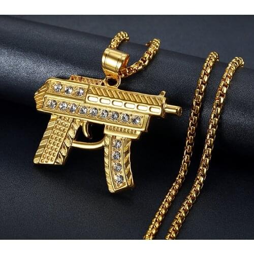 Golden Gun Shape Stainless Steel Necklace Pendant with Chain for Women/Men Ices Out Bling Rhinestones Hip Hop Jewelry Wholesale