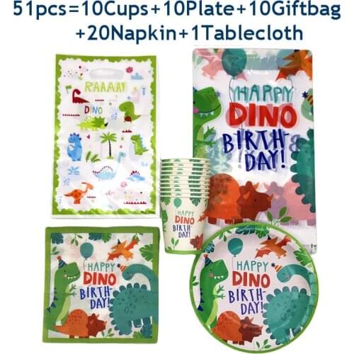 51-81pcs Dinosaur Sets Jungle Theme Disposable Tableware Boy Birthday Cup Plate Napkin Tablecloth Party Decoration Supplies
