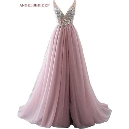 ANGELSBRIDEP Sexy Backless Long Evening Dresses Side Slit Bling Beaded Floor-length Formal Prom Party Dresses