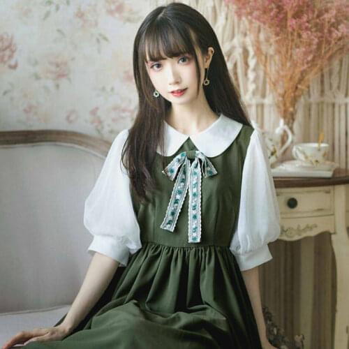 Kawaii Lolita Dress Green Gable Anne College Cute Maid Loli Bubble Japanese Dress Renaissance Vestidos Gothic Lolita Dress