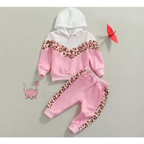 2 Pcs Set Kids Girls Leopard Print Outfits Girls Color Block Long Sleeve Hooded Sweatshirt Pants with Pockets Childrens Sets