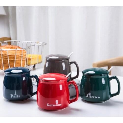 350ml Creative Country Ceramic Mug with Lid Spoon Coffee Mug Breakfast Cup Milk Tea Mugs Drinkware Simple Lovers Cup For Office