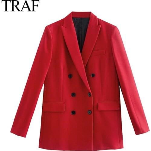 TRAF ZA Womens Clothes Red Blazers Spring And Autumn Fashion Jacket Double Breasted Pocket Blazers Jackets Work Office Business
