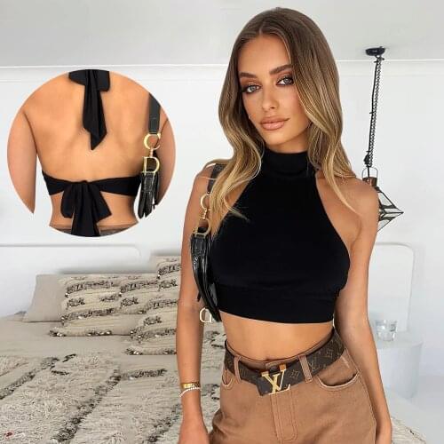 Summer Sleeveless Stand Collar Tank Tops Sexy Halter Midriff Baring Back Lace T-shirt Hot Girls Party Club Street Wear ZY1835