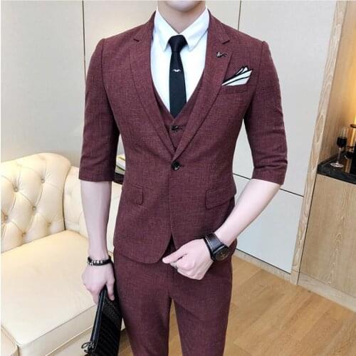 Jacket+Vest+Pants)2019 Mens Wedding Dress Slim Fit Wool Suit Men Short Sleeve Wedding Suits Man Three Pieces Costume Homme