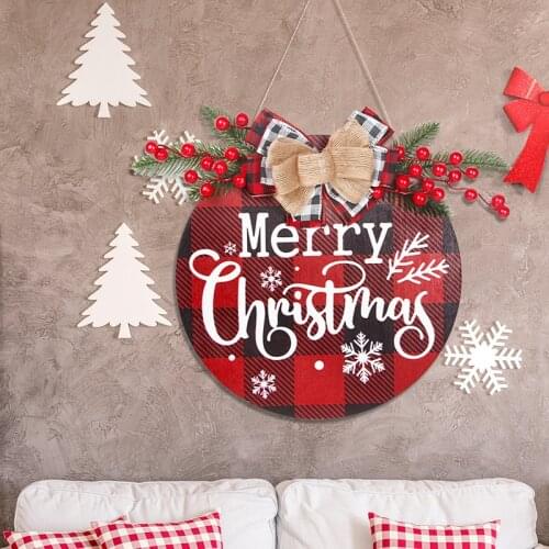 “Merry Christmas”Sign Hanging Front Door Wooden Cartoon Letter Plaque Red Fruit Plaid Printing Party Home Wall Decor TS1