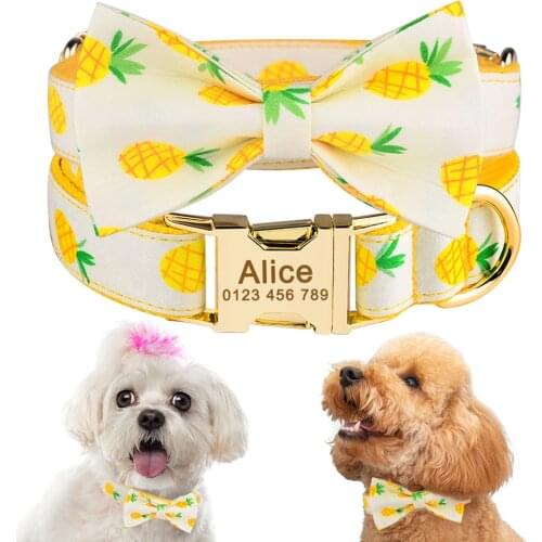 Pineapple Print Nylon Unisex Fashion Dog Collar Free Engraved pet information Dog Collar Small Large Personalized Custom Dog Tag