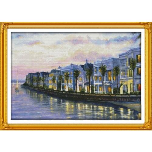 Night at the seaside villas cross stitch kit lanscape garden count printed canvas stitching embroidery DIY handmade needlework