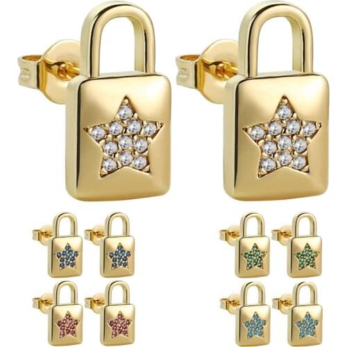 New Micro Pave Colorful Zircon Clear CZ lock Shape Star Earrings Gold Color Stud Copper Earrings For Women Party Jewelry