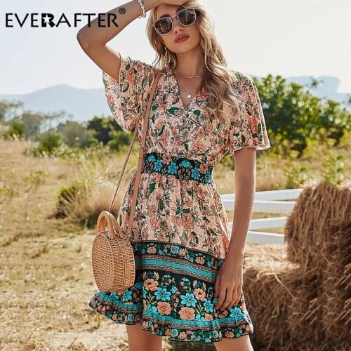 EVERAFTER Ethnic Spring Summer Ruffled Butterfly Sleeve Dress Women V-neck High Waist Floral Print Holiday Casual Mini Dresses