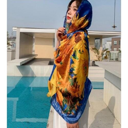 Luxury Brand Silk Scarf Scarves Women Shawls and Wraps Long Large Sunscreen Shawls Oil Painting Pattern Ladies Hijab Beach Towel