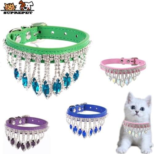 SUPREPET Tassel Diamond Cat Necklace PU Leather Adjustable Kitten Collar Retro Gemstone Pet Collars Dog Puppy Accessories