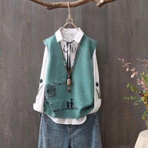 Green Japan Korean Spring Fall V-neck Knit Sleeveless Sweater Vest Loose Coat Outcoat Lady Top Cloth for Women girl Waistcoat