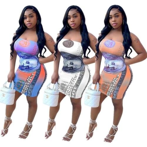 Woman Off Shoulder dress USD Money Printed Sleeveless Bodycon Mini dress S-2XL 3Color H8969