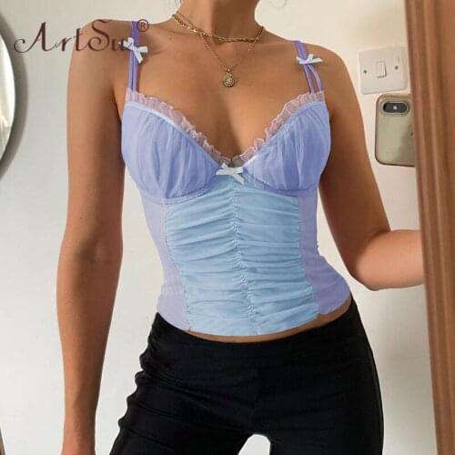ArtSu Summer Patchwork Mesh Sexy Crop Top Camisole Ladies Bow Ruffles Milkmaid Sweet Blue Tank Top Women V Neck Camis Top Party