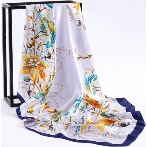 Ladies Multifunction Floral Printed Handle Bag Hair Wrap Neckerchief Shawl Foulard Soie 90*90cm Satin Square Hijab Scarf Silk
