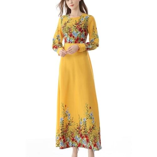 Women Elegant Vintage Dress 2021 Fashion Muslim Print Swing Temperament Slim Muslim Female Slim Evening Long Dress Jurk#G30