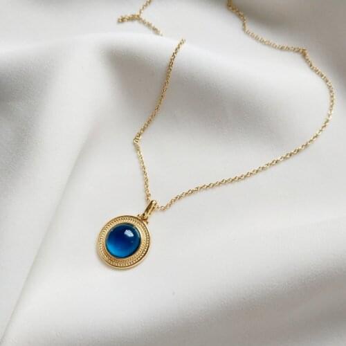 925 Sterling Silver Golden Simple Wild Blue Glass Stone Jewelry Birthday Gift Birthstone Cabochons Pendant Necklace For Women