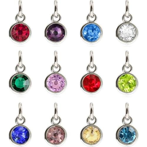 12pcs Round Birthstone DIY Birthday Stones 12 Months Alloy Charms Pendants