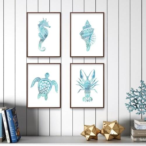 Watercolor Beach Sea Animal Lobster Seahorse Wall Art Canvas Painting Nautical Posters And Prints Wall Pictures For living Room