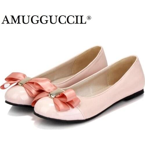 Plus Big Size 30-43 Pink White Bowtie Sweet Fashion Spring Autumn Girls Ladies Females Women Flats Shoes D1202