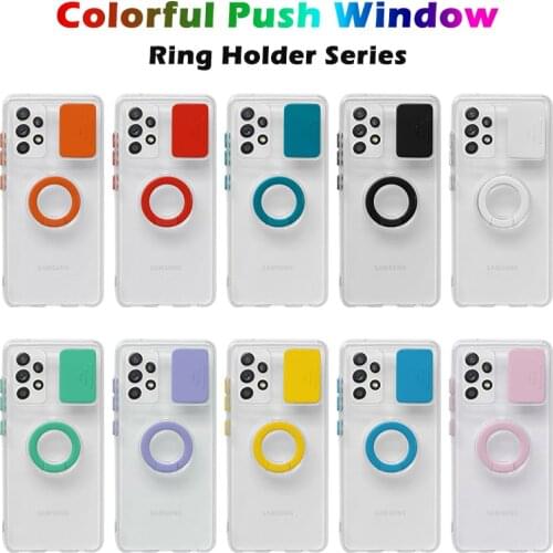 Candy Color Ring Holder Phone Case For Samsung S21 Ultra A52 A72 A12 A32 Soft TPU Clear Slide Push Camera Protection Cover Coque